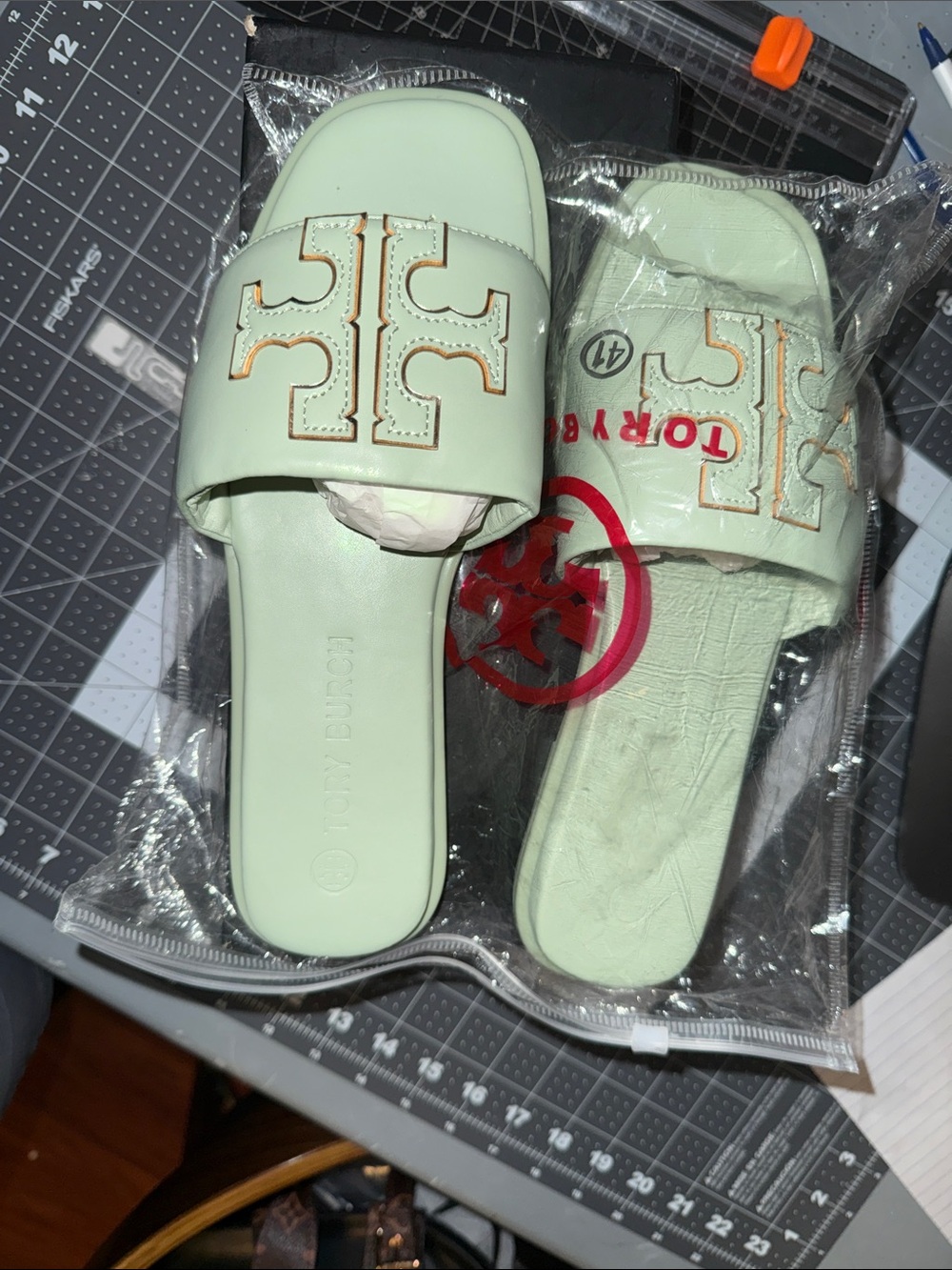 Tory Burch Mint Green Logo Slide Sandals